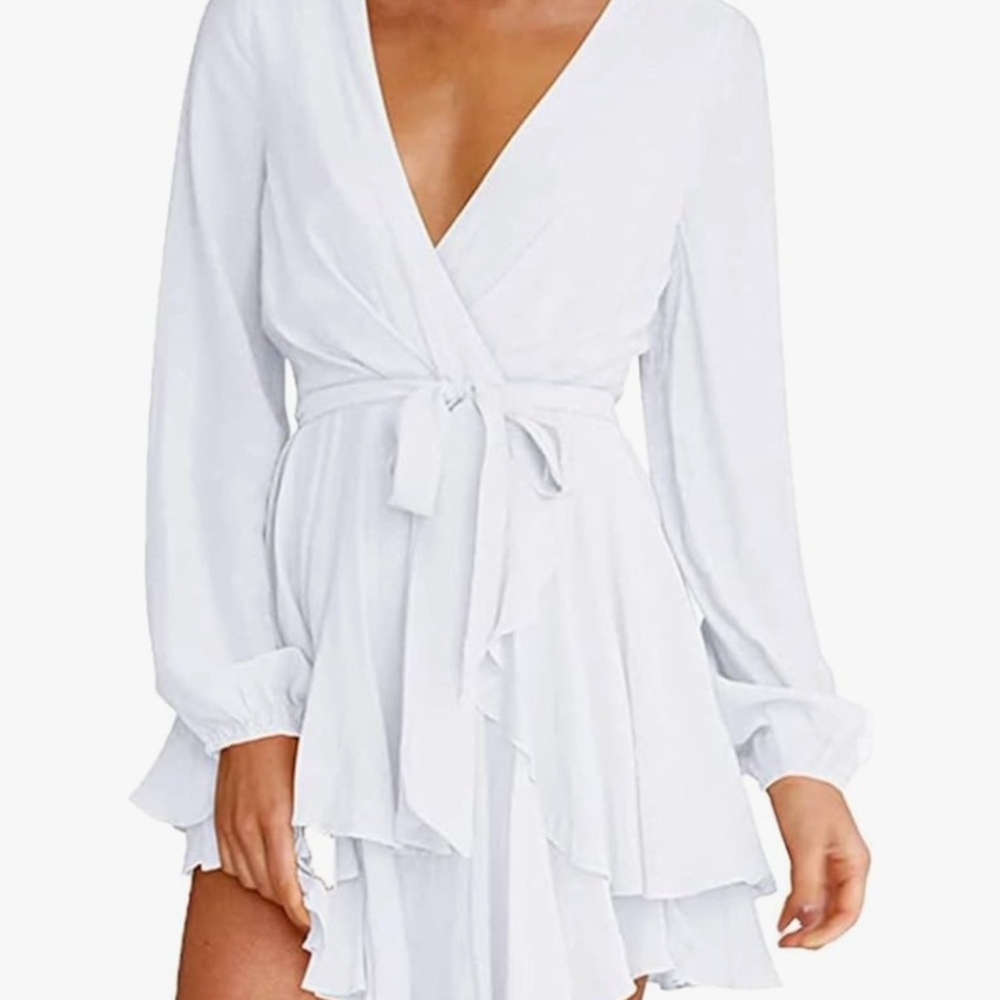 White Ruffled Wrap Mini Dress with Bishop Sleeves Size XL NWOT - Picture 4 of 7